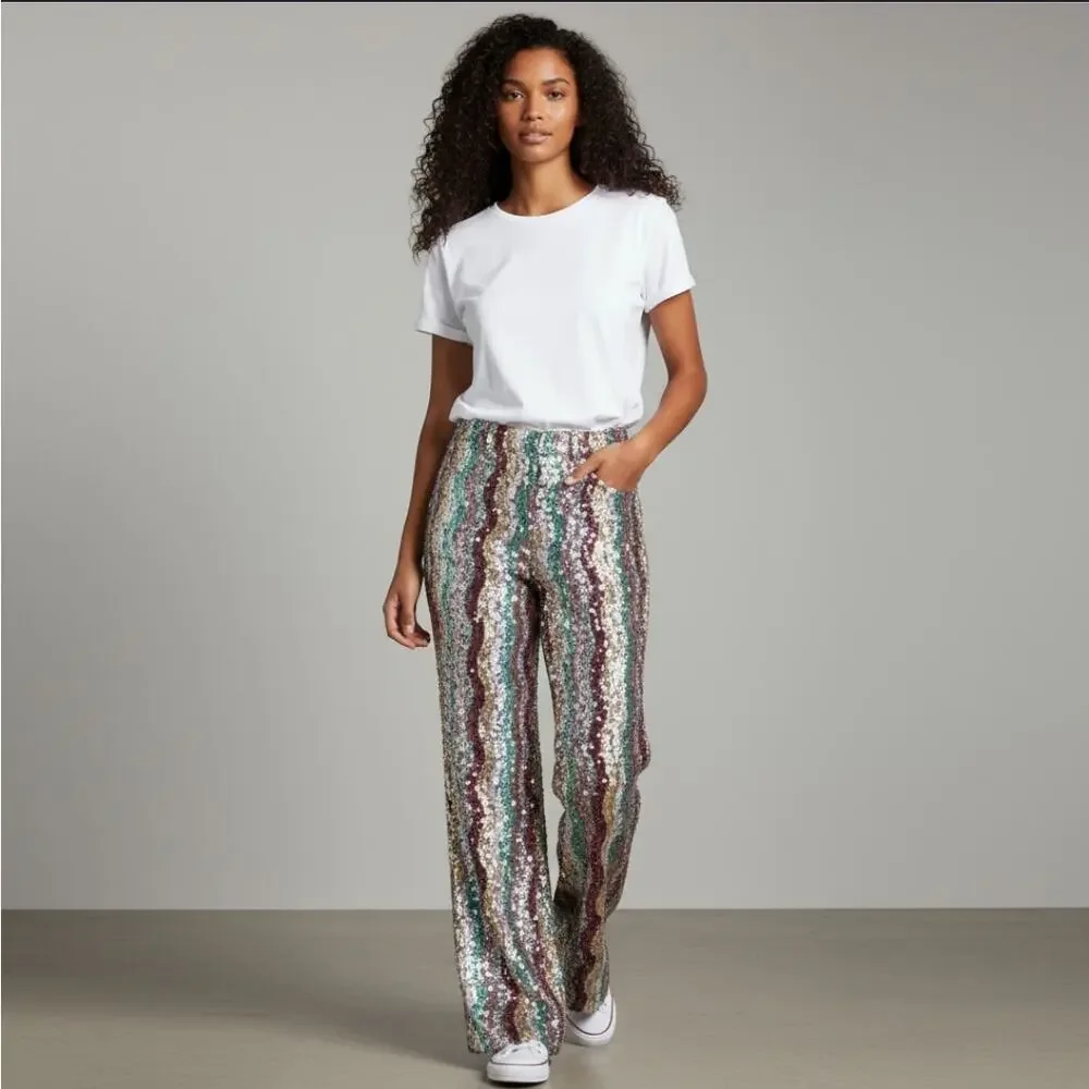 Free People Dance Again Retro Rainbow Sequin Size 2 Pants